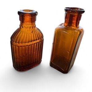 Vintage Glass Apothecary Bottles Amber Colored Glass Cork Top(no corks) Set of 2